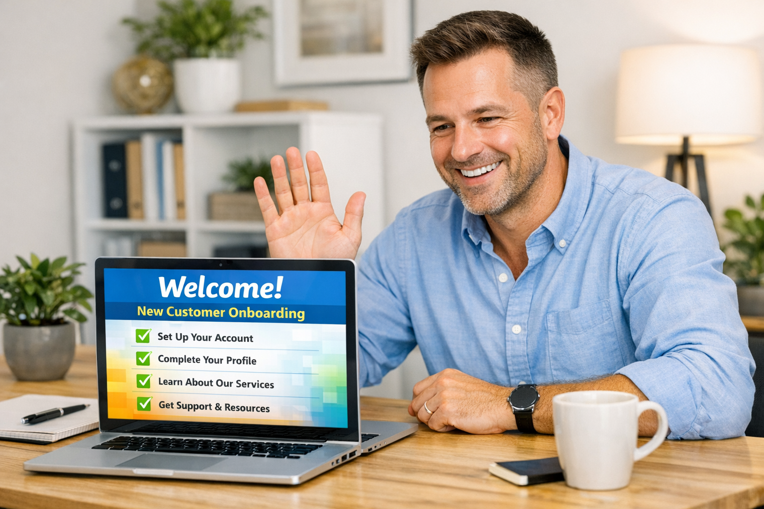 Friendly small business owner at a modern desk welcoming a new customer via laptop with a digital onboarding checklist on screen