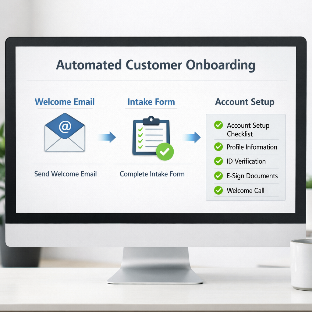 Digital workflow diagram showing automated customer onboarding steps: welcome email, intake form, account setup checklist with green checkmarks on a computer screen