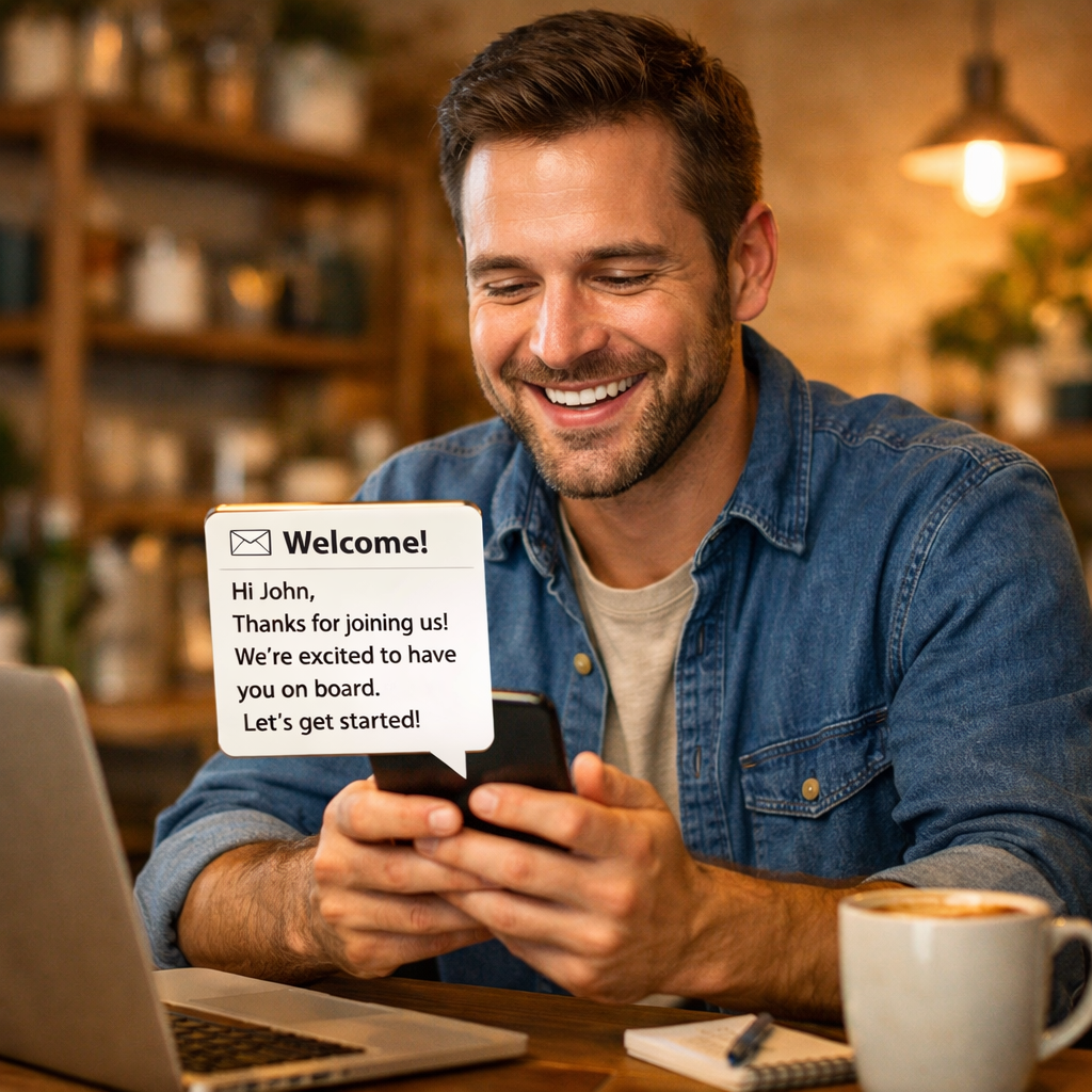 Small business owner happily reading a welcome message on a smartphone, new customer receiving their first automated onboarding email on mobile device, warm coffee shop setting