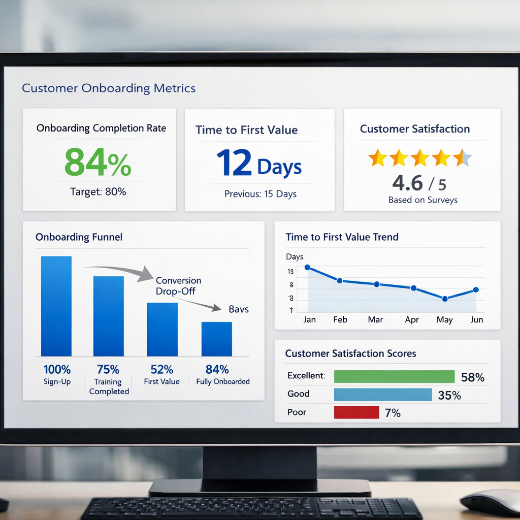 Analytics dashboard on a computer screen showing customer onboarding metrics including completion rate, time to first value, and customer satisfaction scores with charts