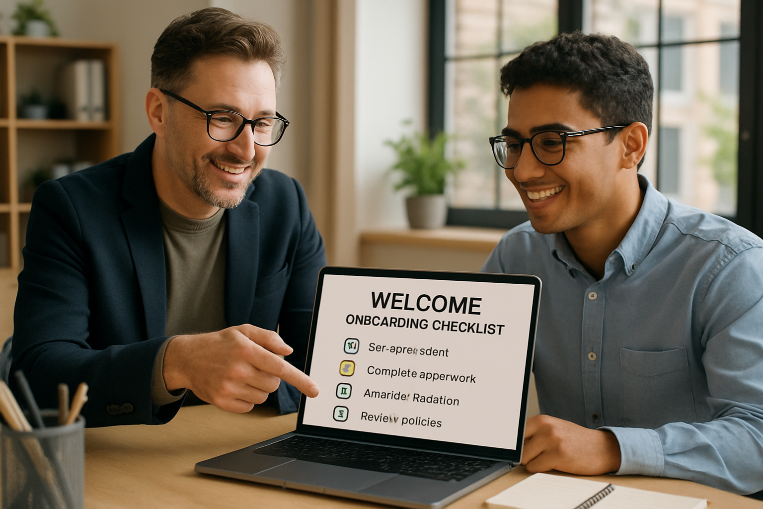 HR manager and new employee reviewing a digital onboarding checklist together on a laptop in a bright modern office