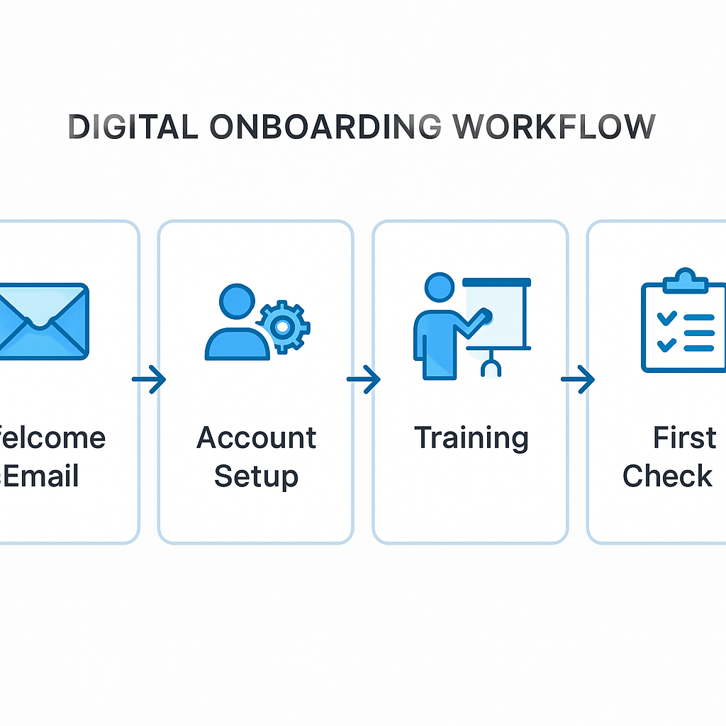 Digital onboarding workflow diagram showing steps from Welcome Email through Account Setup, Training, and First Check-In connected by arrows