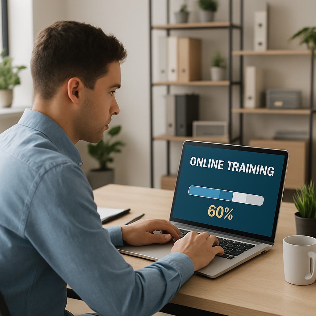 New employee working through online training modules on a laptop at a home office desk with progress bar displayed
