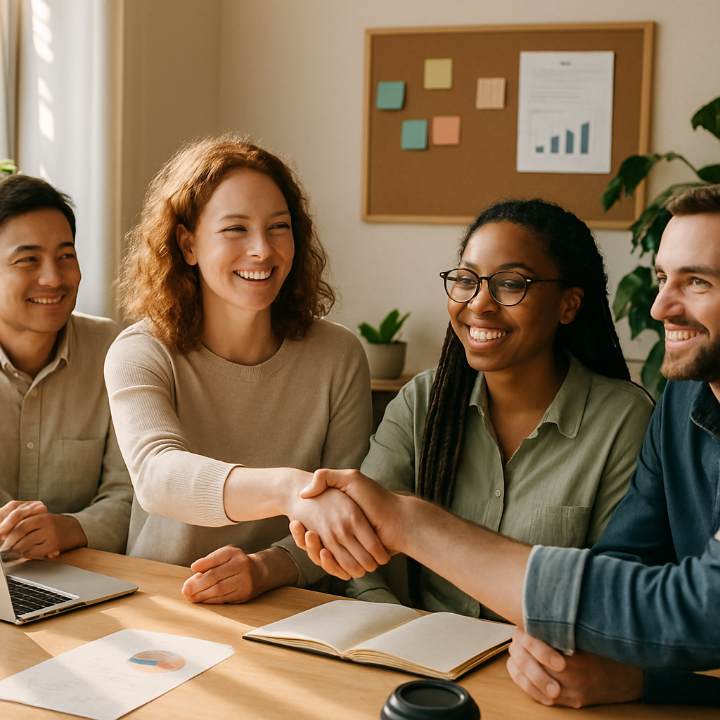 Diverse team of colleagues sitting around a conference table smiling warmly, two shaking hands in a welcoming new team member introduction