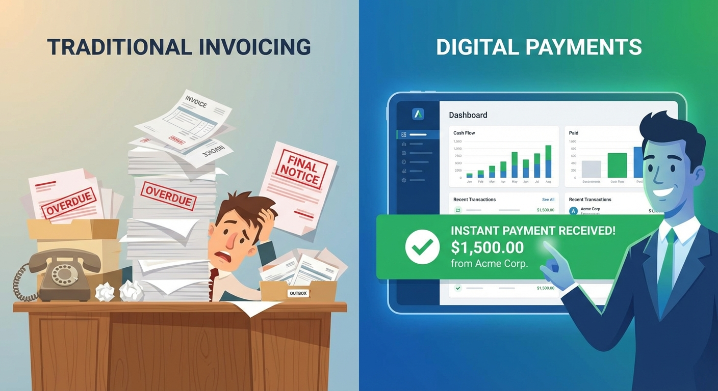 Paper invoices and overdue notices versus clean digital payment dashboard showing the transformation automation delivers