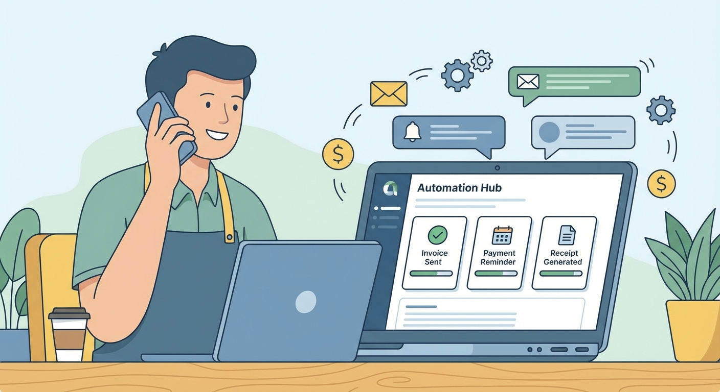 Business owner multitasking while automation handles invoice sending, payment reminders, and receipt generation in the background