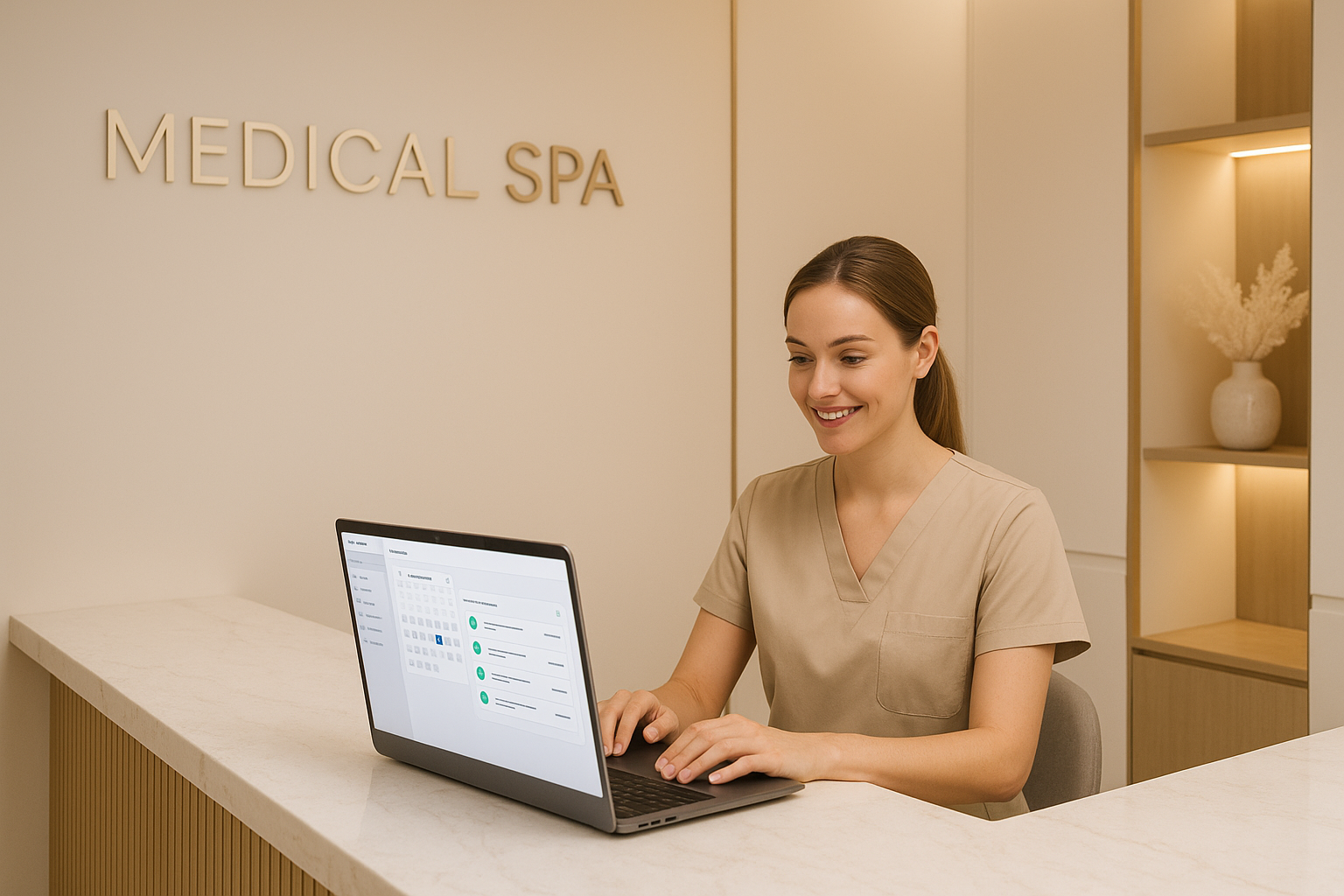 Medical spa receptionist reviewing automated patient communication system on a laptop at a modern front desk