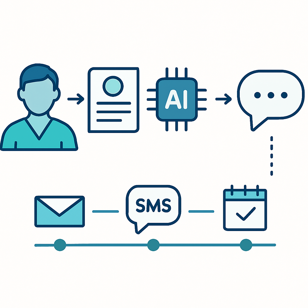 Automated patient communication workflow diagram showing inquiry, confirmation, reminder, follow-up, and review request stages