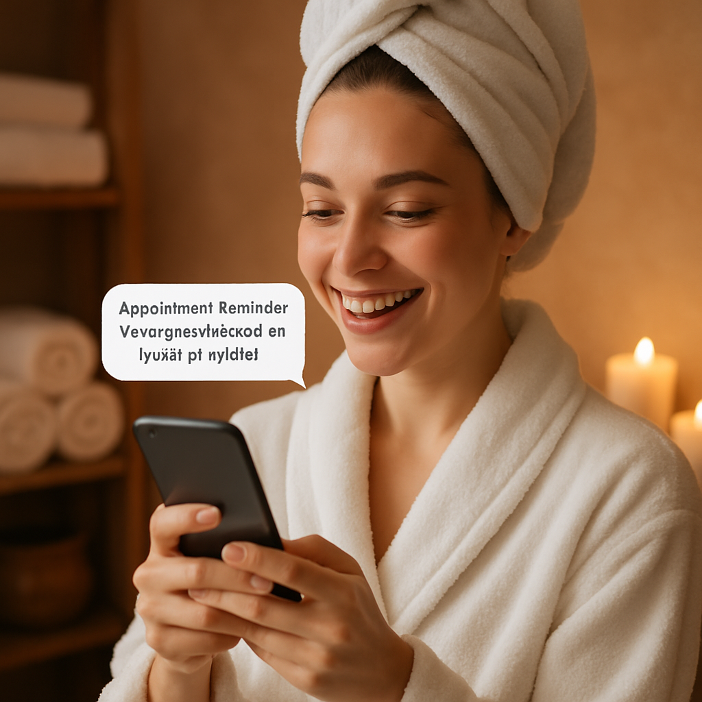 Med spa patient checking phone showing an automated appointment reminder with a warm, professional message