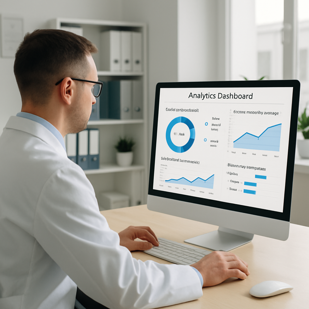 Medical spa professional reviewing patient communication analytics and appointment booking data on a computer dashboard