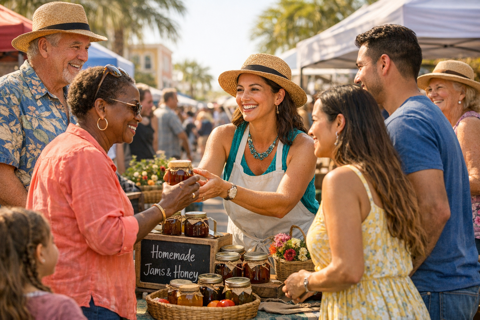 Local business owner connecting with community members at a Southwest Florida outdoor market