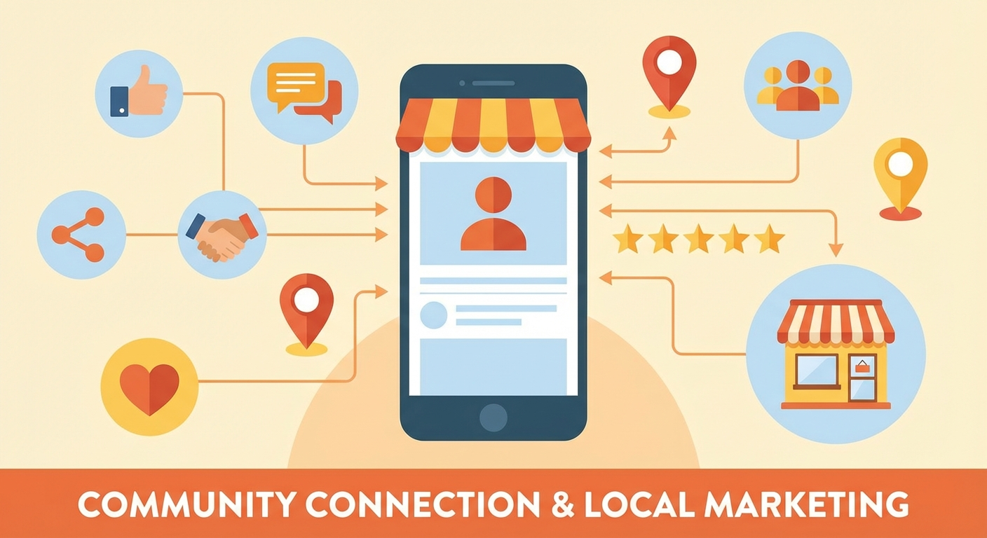 Social media and community connection concepts showing local engagement channels