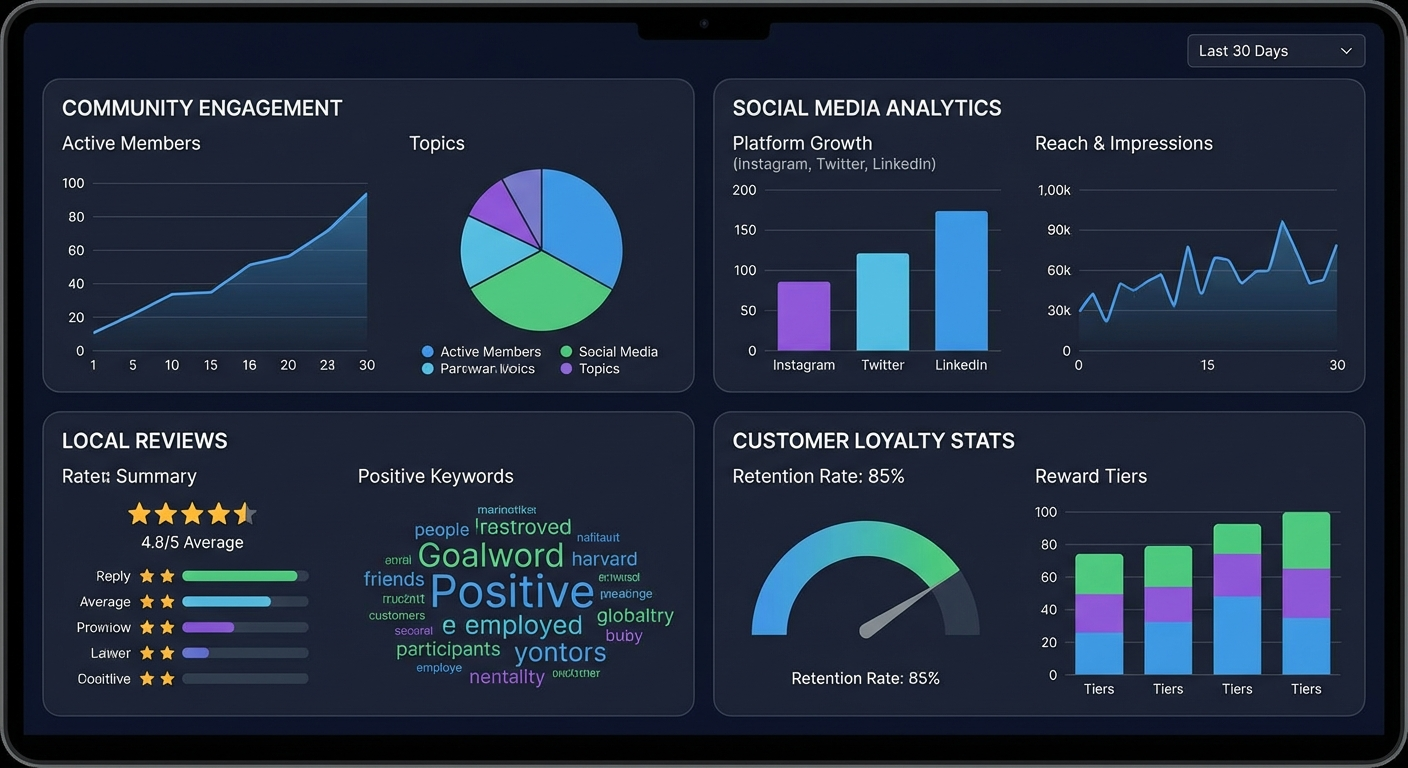Community engagement analytics dashboard showing marketing metrics and results