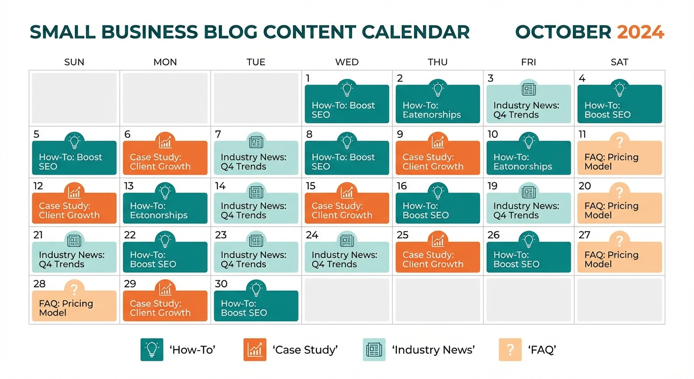 Monthly content calendar template showing color-coded blog post categories and publish dates