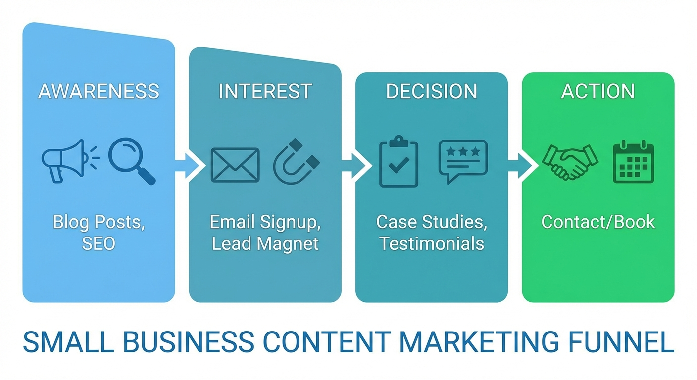 Content marketing funnel showing how blog posts attract readers and convert them into leads