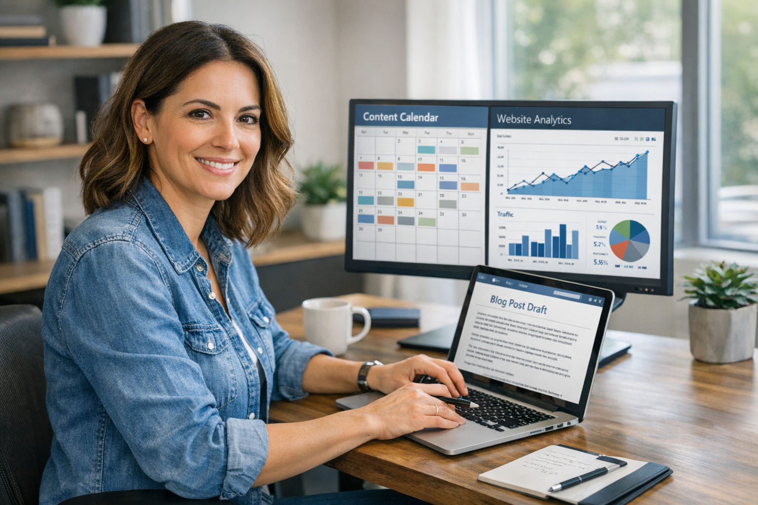 Small business owner writing a blog post on a laptop with a content calendar visible