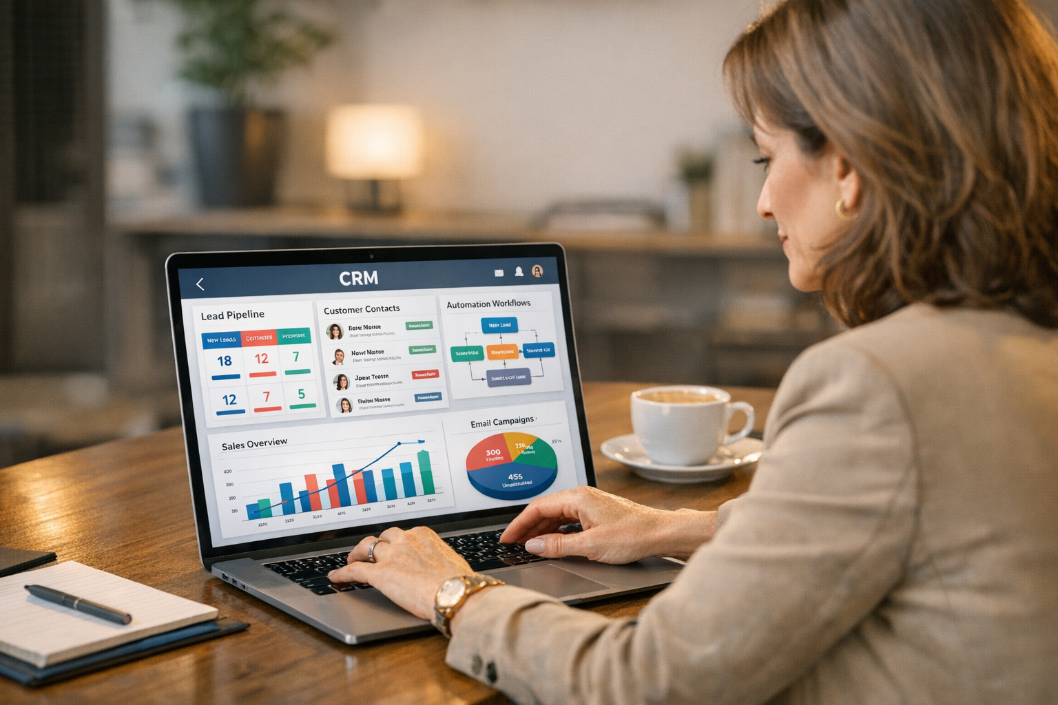 Small business owner reviewing CRM dashboard with lead pipeline and automation workflows on laptop