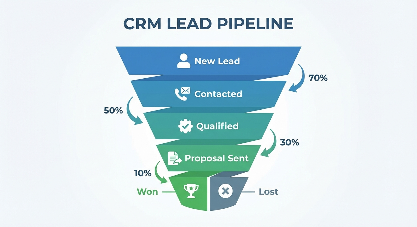 CRM lead pipeline funnel showing stages from new lead through to won or lost status