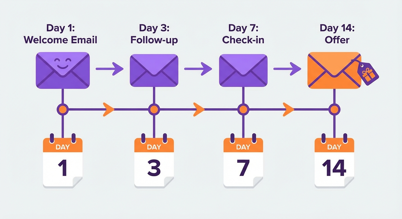 Automated email follow-up sequence timeline showing Day 1 through Day 14 touchpoints