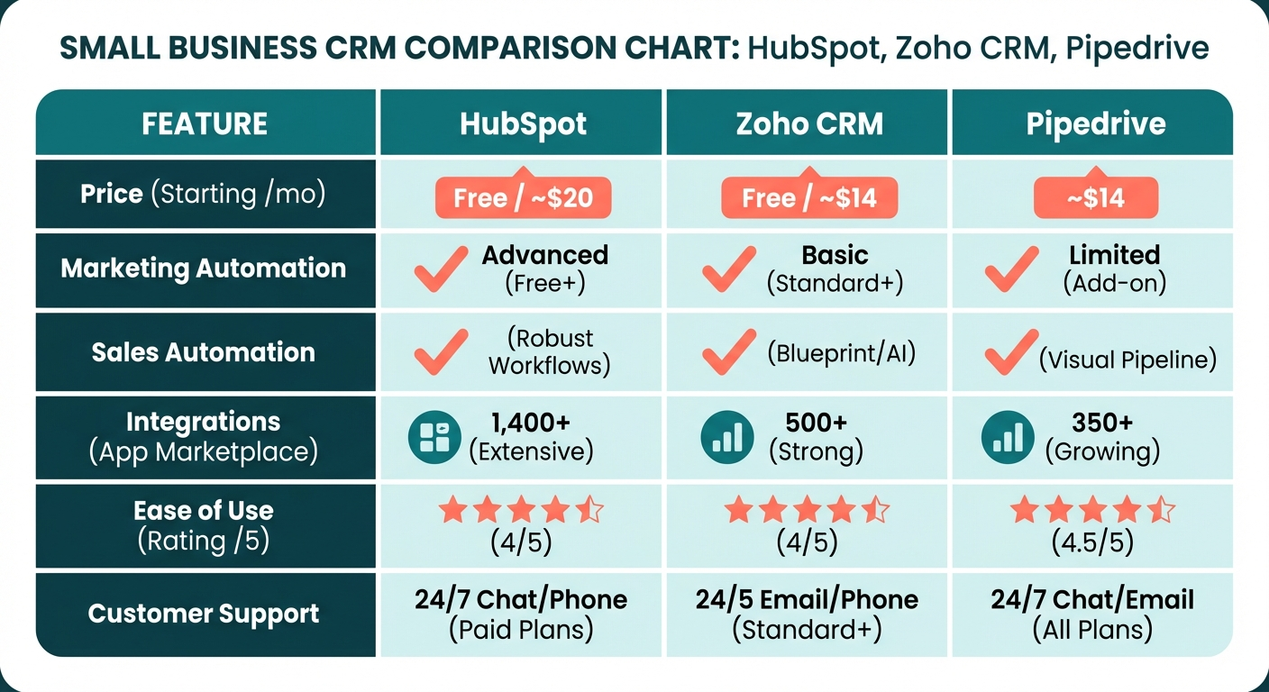CRM platform comparison chart showing HubSpot, Zoho, and Pipedrive features and pricing
