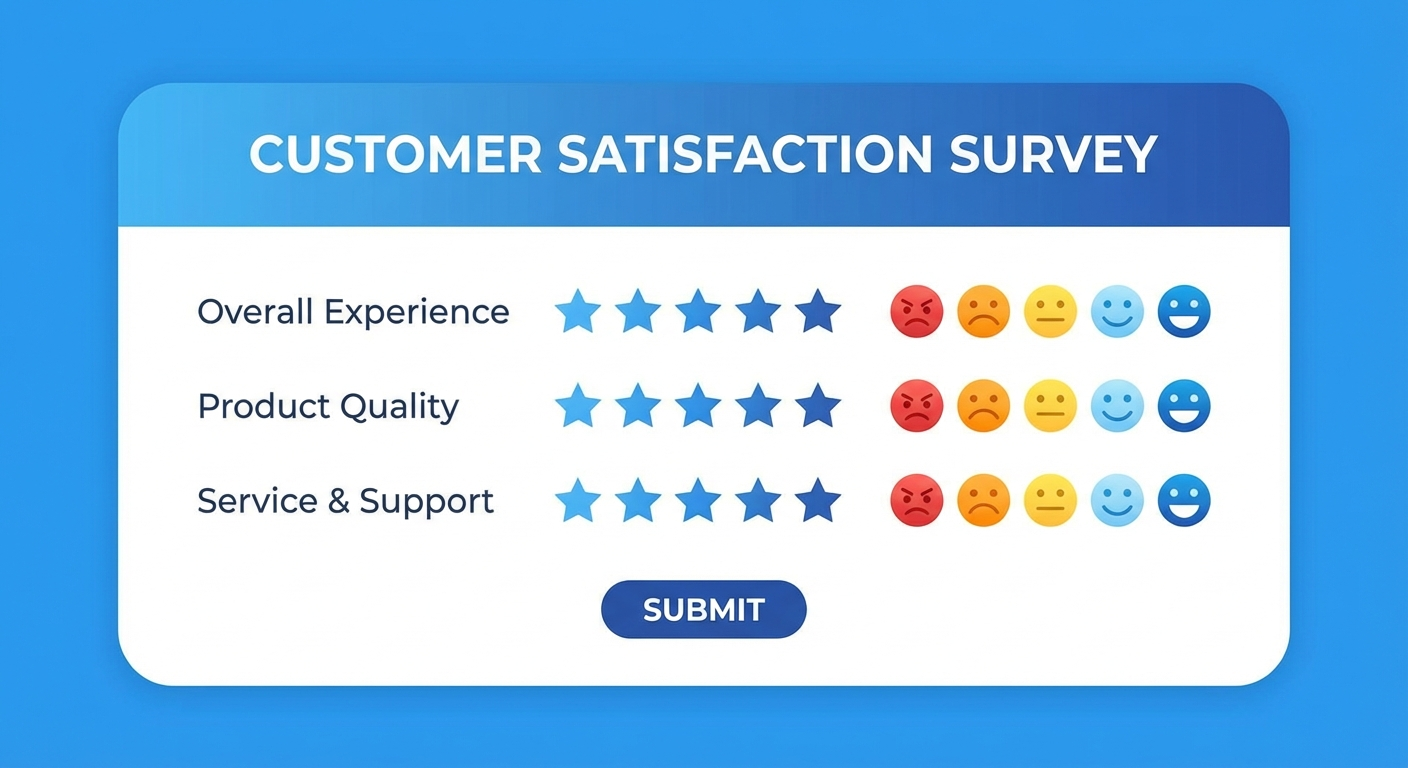 Customer satisfaction survey form with star ratings and feedback options