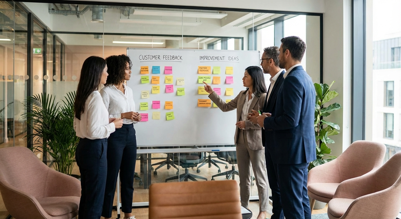 Team reviewing customer feedback and planning improvements on a whiteboard