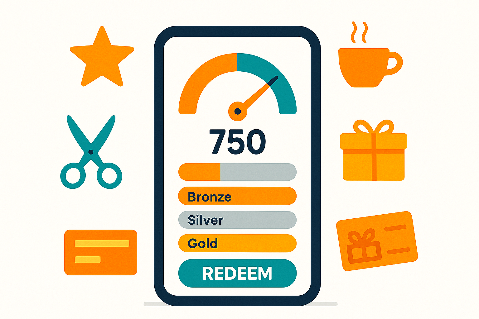 Smartphone displaying a customer loyalty rewards app with points meter, reward tiers, and gift card icons on a clean background