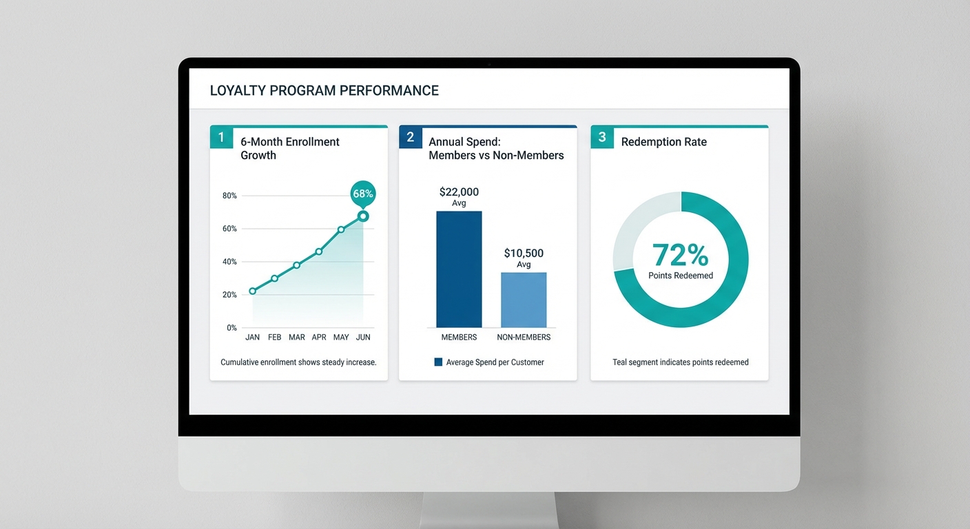 Analytics dashboard showing loyalty program performance metrics: enrollment rate chart, member vs. non-member spend comparison, and redemption rate over time