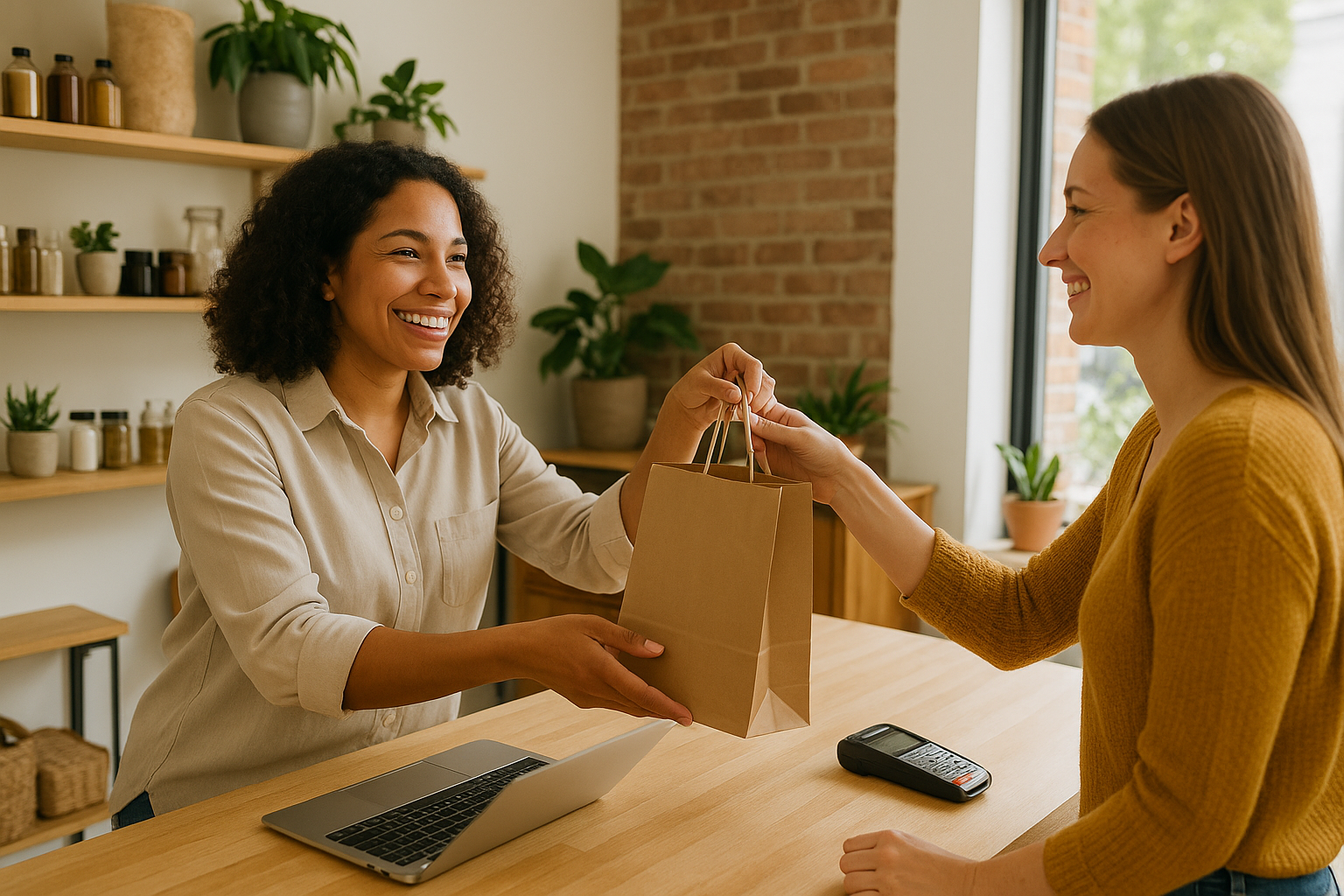Small business owner smiling and helping a happy customer across a counter in a welcoming local shop