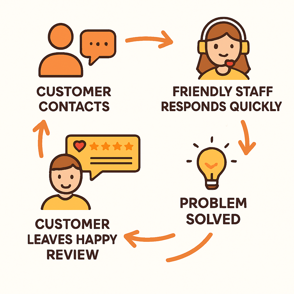 Customer service feedback loop diagram showing: customer contacts → quick friendly response → problem solved → happy review → referrals → more customers