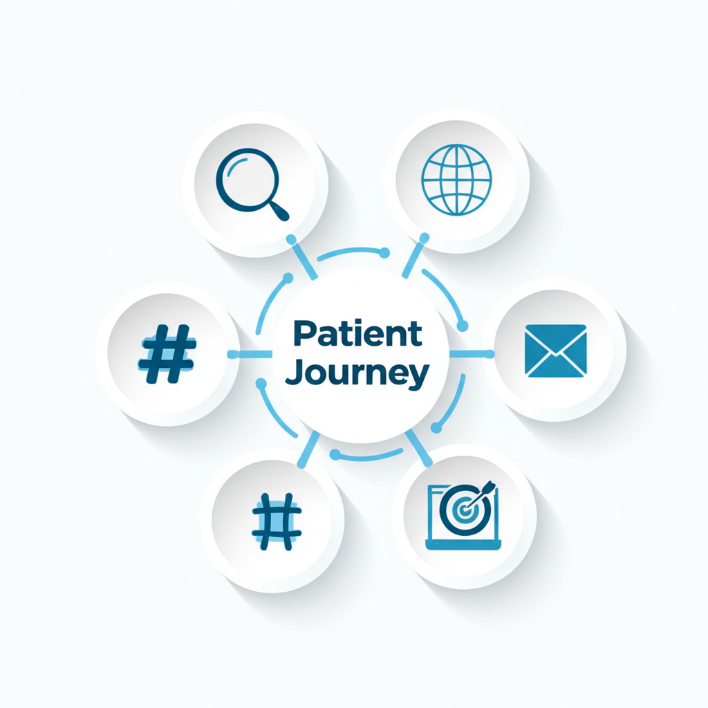 Digital marketing strategy diagram showing SEO, social media, and patient journey touchpoints