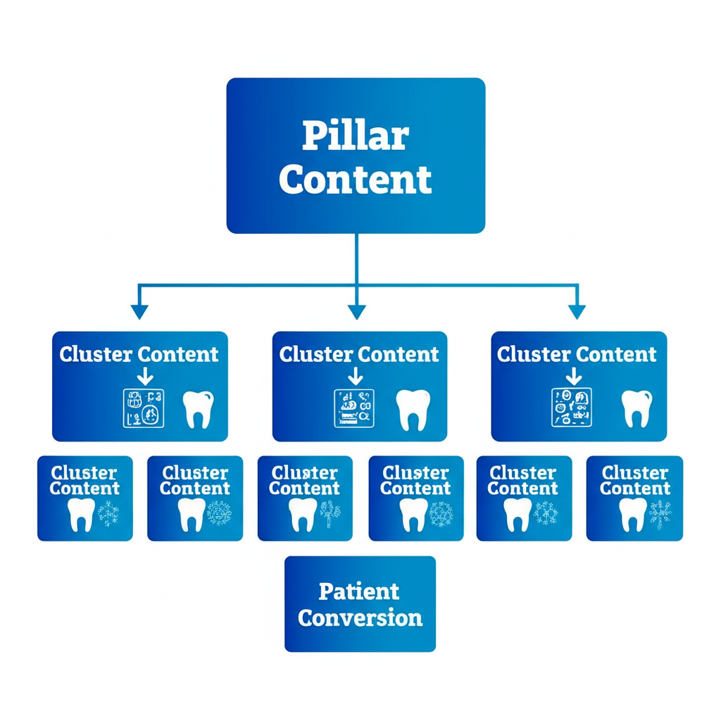 Content strategy flowchart showing the relationship between pillar content, cluster content, and patient conversion