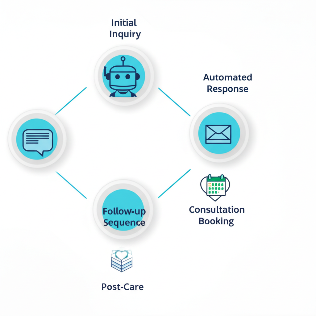 Marketing automation workflow showing patient touchpoints from initial inquiry through post-procedure care