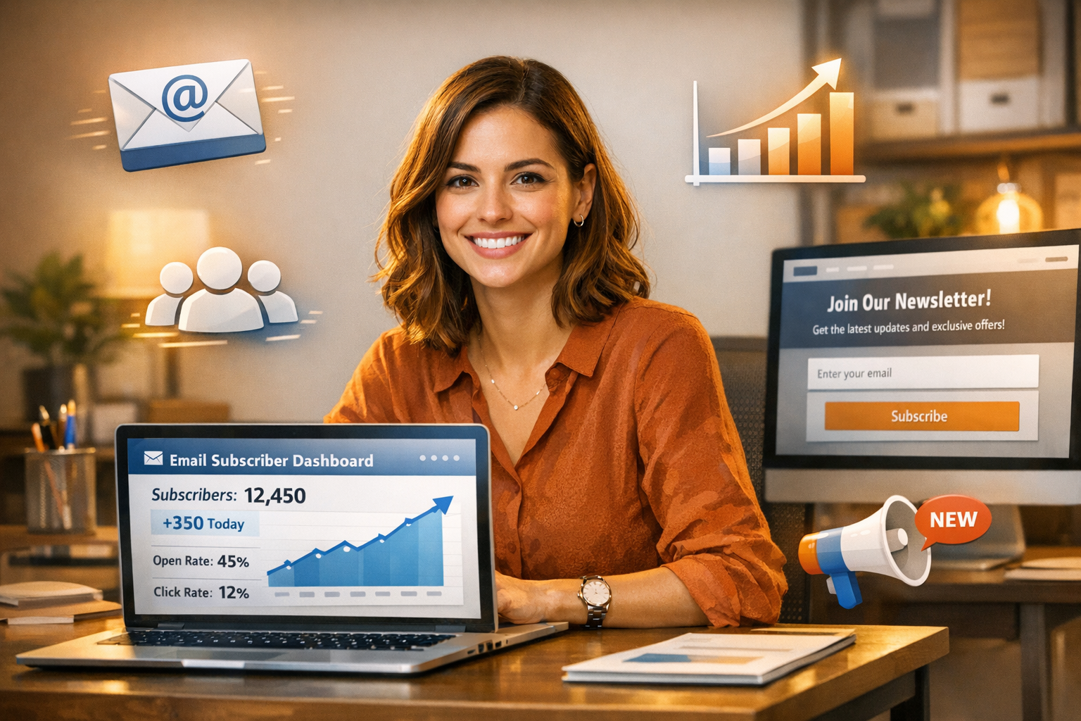 Small business owner reviewing a growing email subscriber dashboard on a laptop in a bright professional office