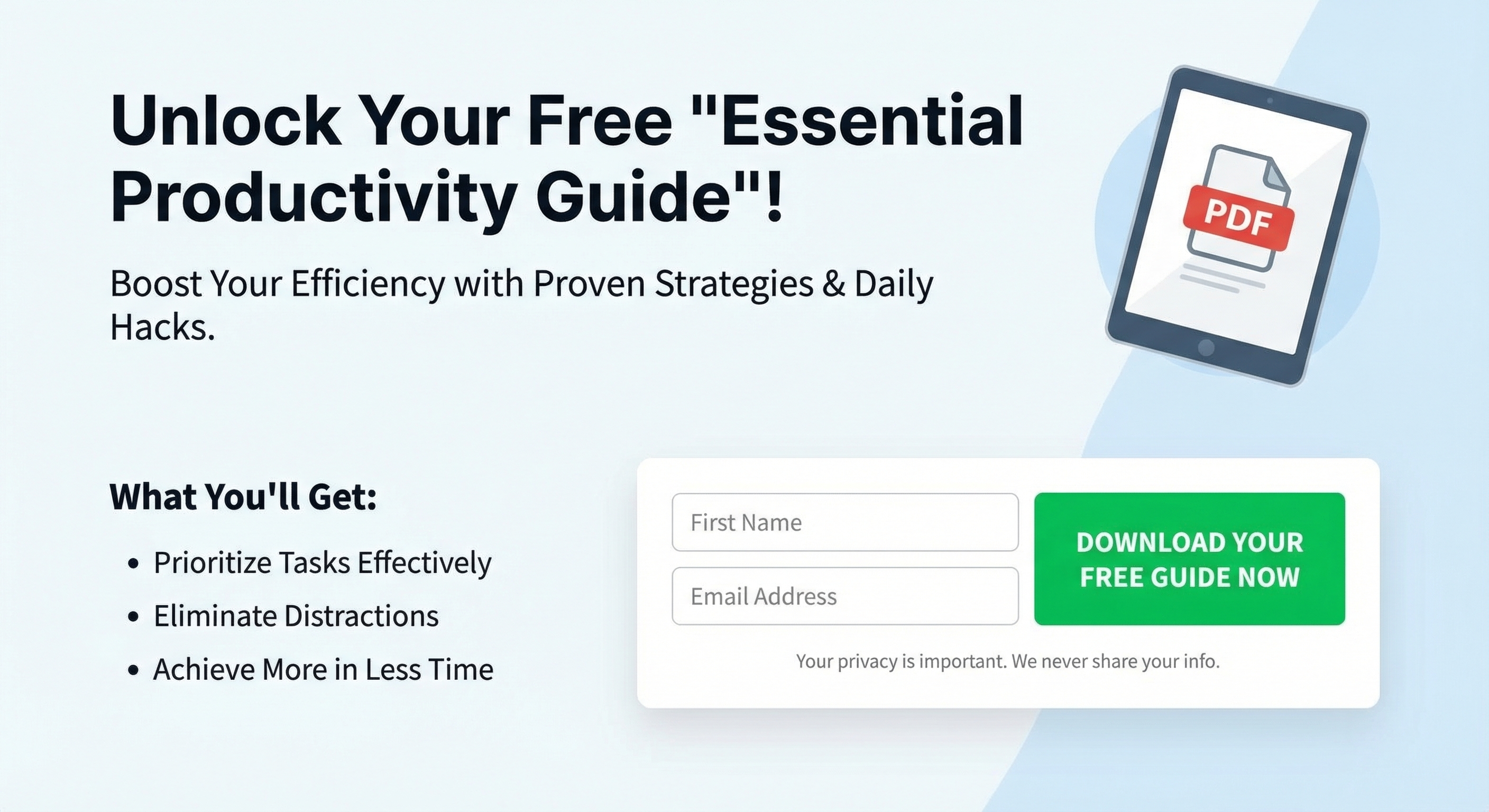 Modern lead magnet landing page showing a free downloadable guide offer with email opt-in form, value proposition, and clear call-to-action button