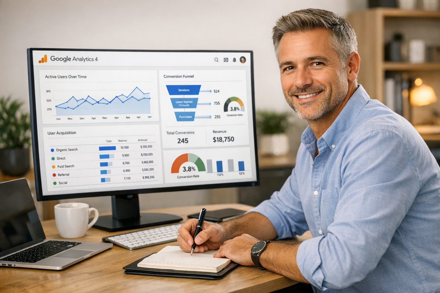 Small business owner reviewing Google Analytics 4 dashboard showing website traffic and conversion metrics