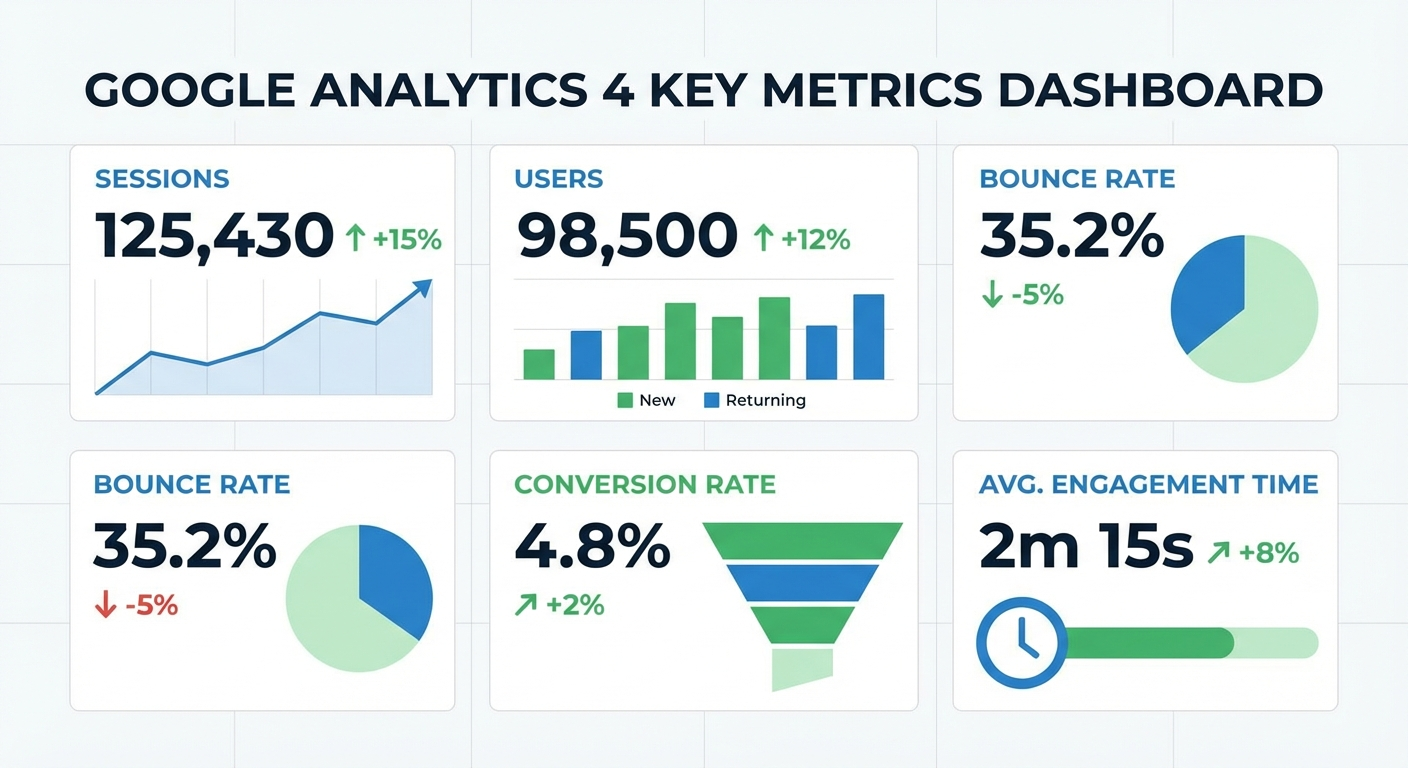 Google Analytics 4 key metrics dashboard showing sessions, users, bounce rate, conversion rate, and average engagement time