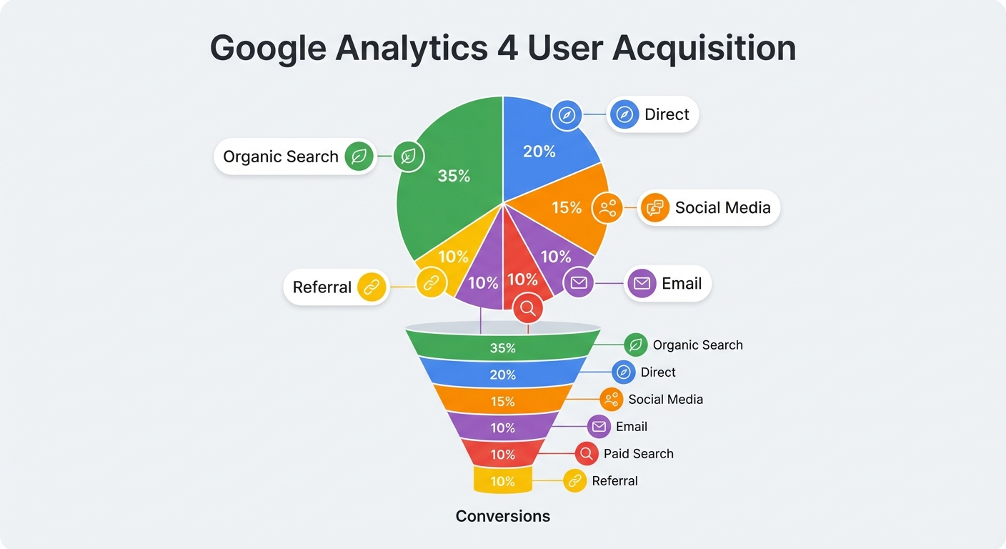 Traffic acquisition channels diagram for a small business website showing organic search, direct, social media, email, paid search, and referral breakdown