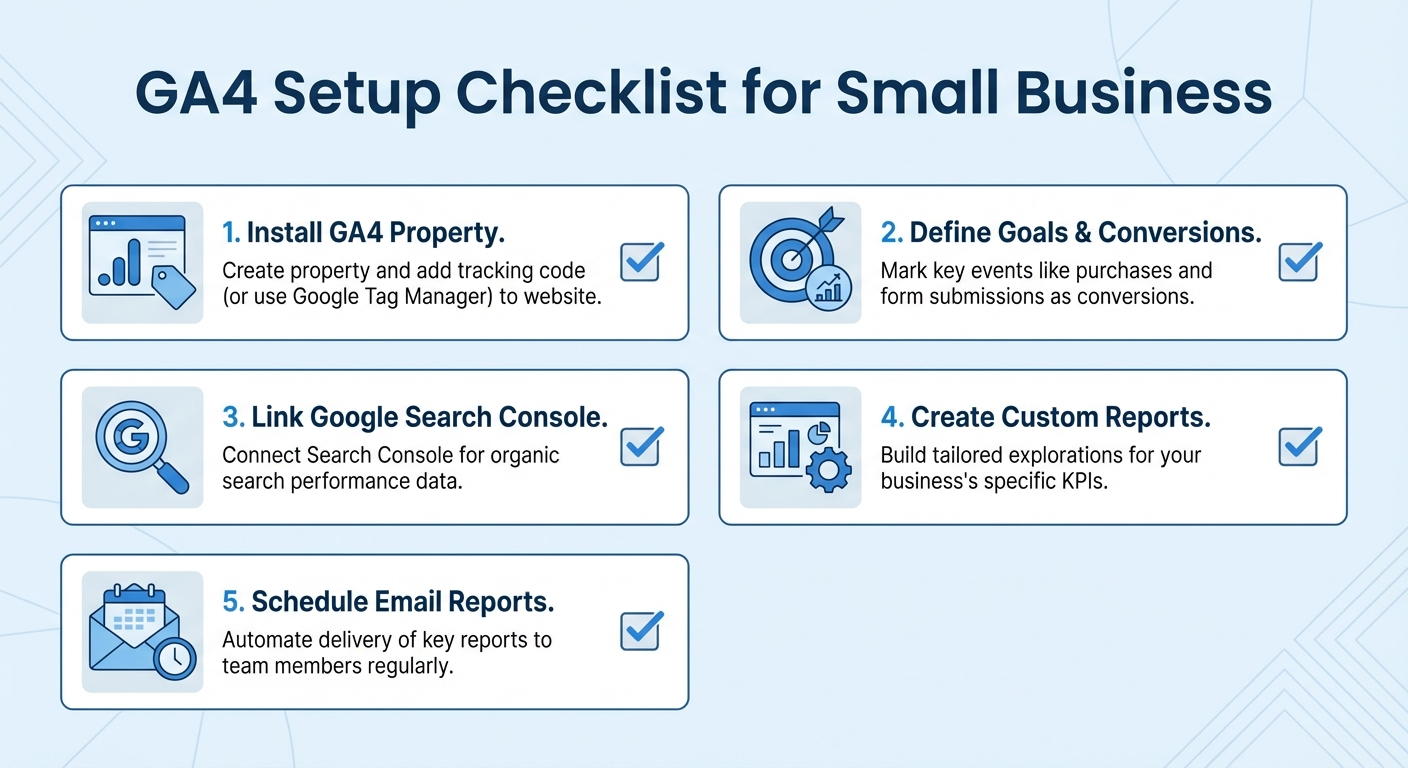Step-by-step GA4 setup checklist for small businesses including installing tracking code, setting up conversions, connecting Search Console, and scheduling reports