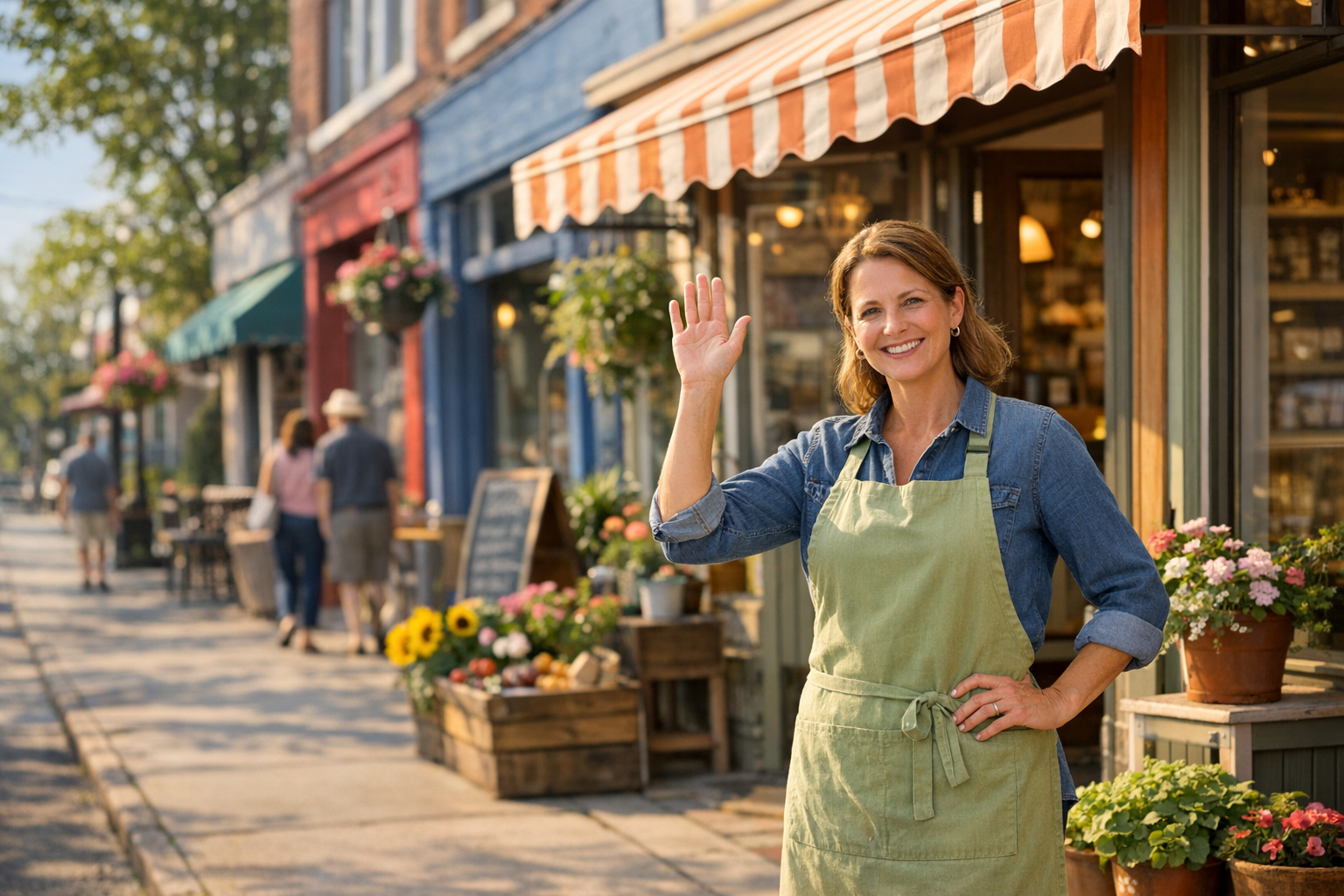 Friendly local small business owner standing outside their neighborhood shop, waving to passing customers on a sunny street