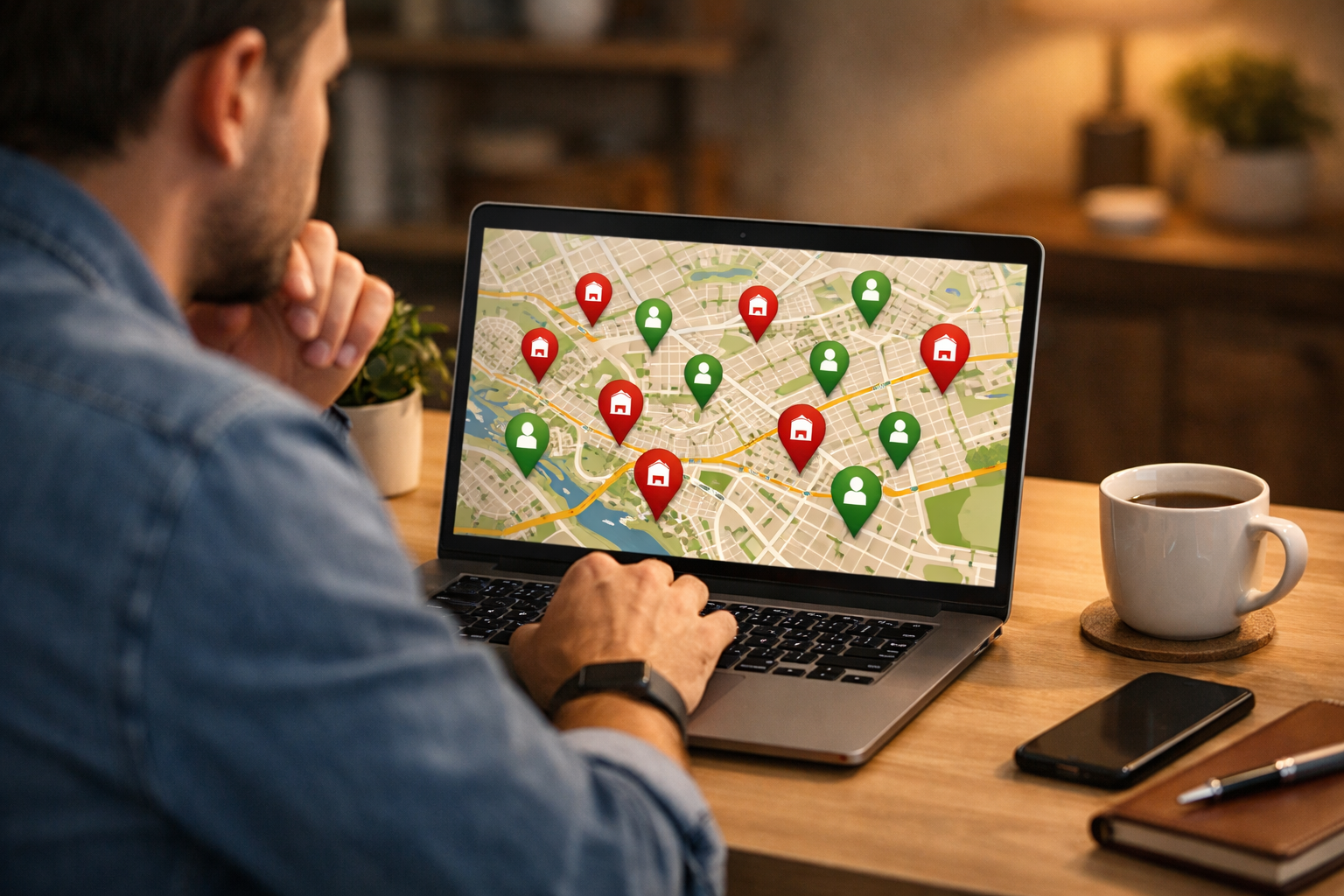 Small business owner reviewing a neighborhood map on a laptop screen with location pins marking nearby customers and competitor hotspots, modern office with warm lighting