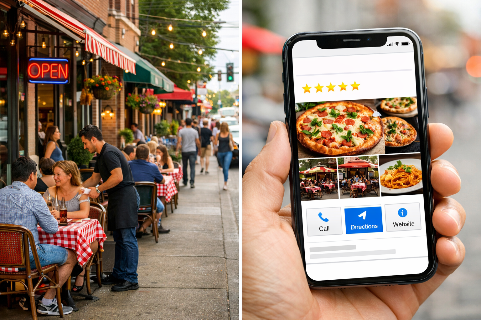 Business street with a local restaurant on one side and a smartphone screen showing a Google Business Profile with five-star reviews, photos, and a navigation button