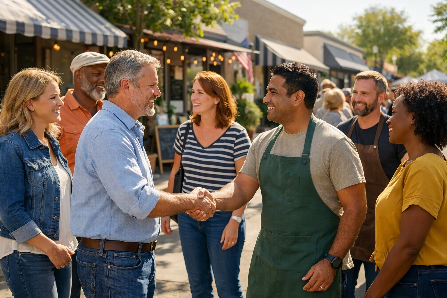 Group of local small business owners networking and shaking hands at a community outdoor event, smiling faces and neighborhood businesses in the background