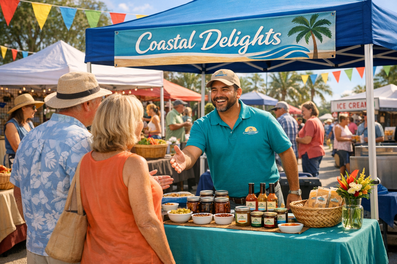 Small business owner greeting customers at a branded outdoor booth at a Southwest Florida community event