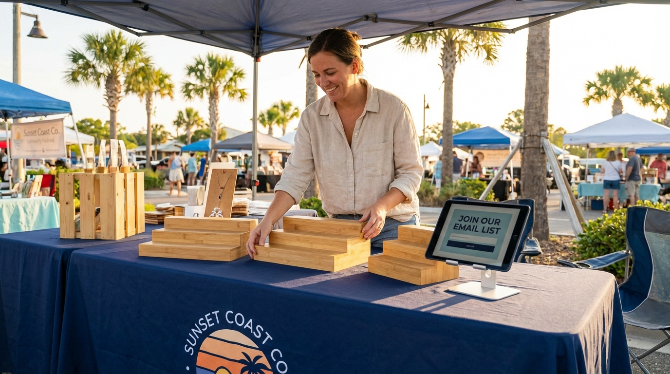 Small business owner setting up a professional event booth with a branded sign, product display, and tablet for email capture at an outdoor Southwest Florida community festival