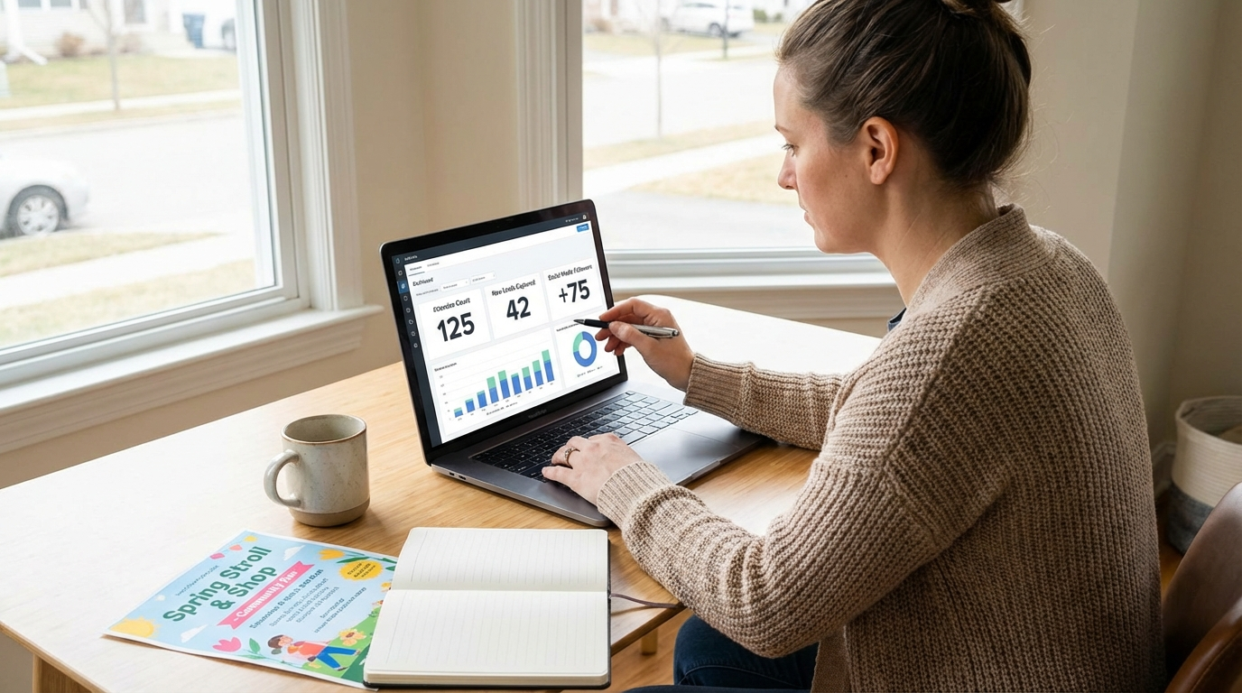 Small business owner reviewing post-event analytics on a laptop: leads captured, email open rates, and new consultations booked from a recent community event