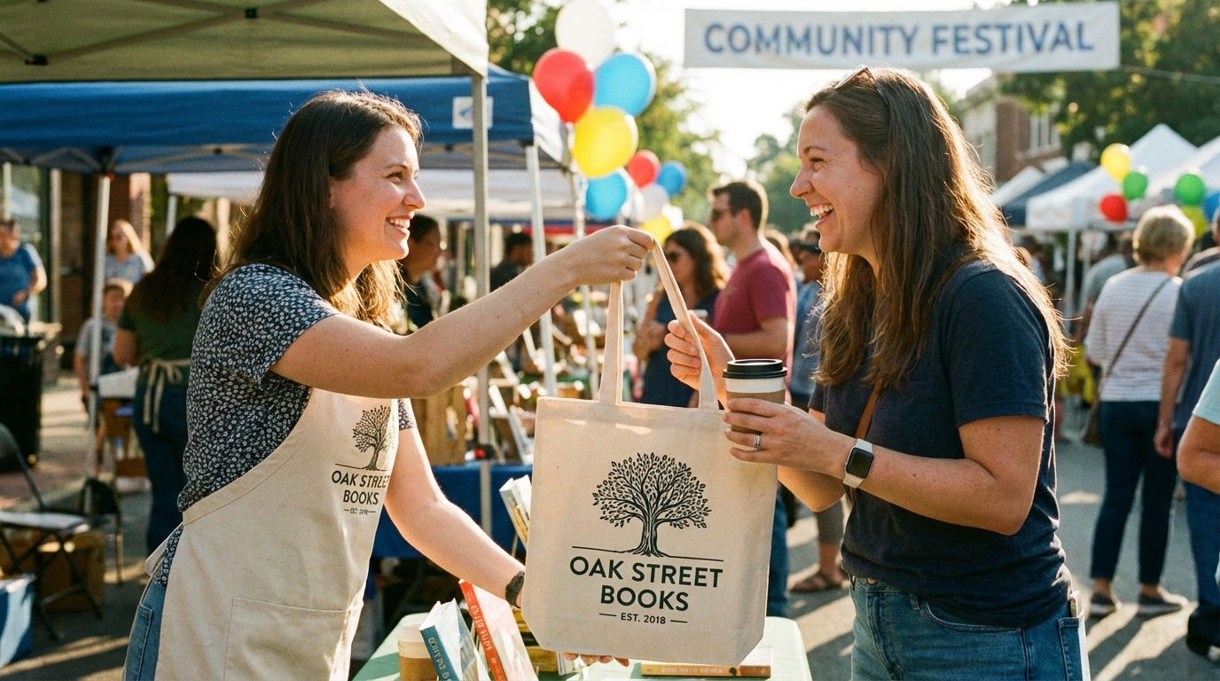 Business owner handing a branded giveaway bag to a happy customer at a local community event, with bright smiles and clear company branding visible