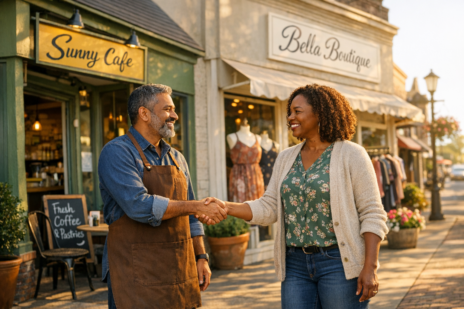 Two small business owners shaking hands in front of their storefronts on a sunny main street