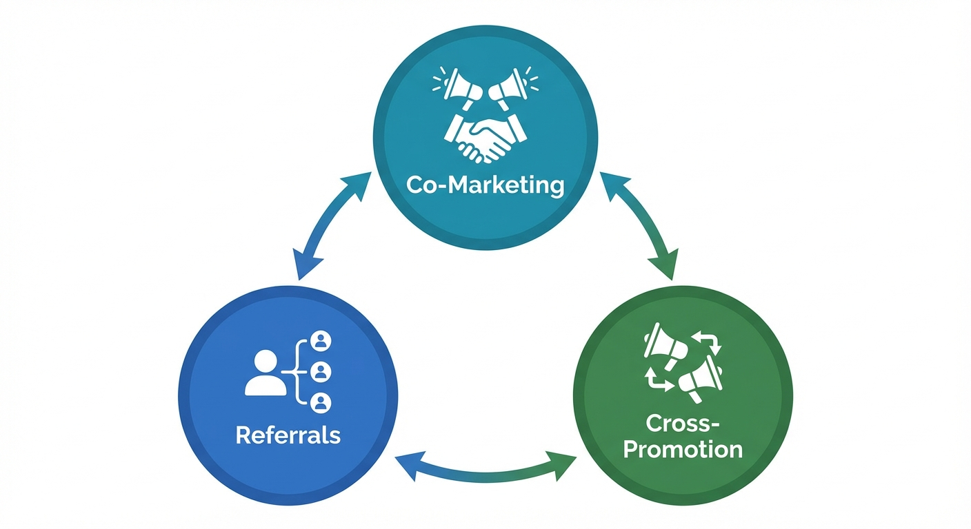 Partnership network infographic showing referrals, co-marketing, and cross-promotion connected by arrows