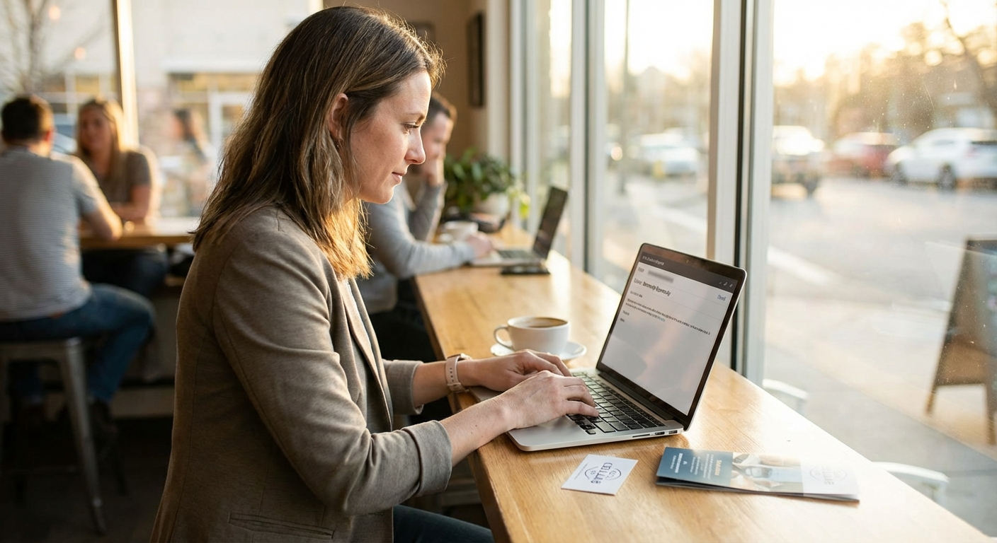 Small business owner working on co-marketing campaign at laptop in cafe with partner business materials visible